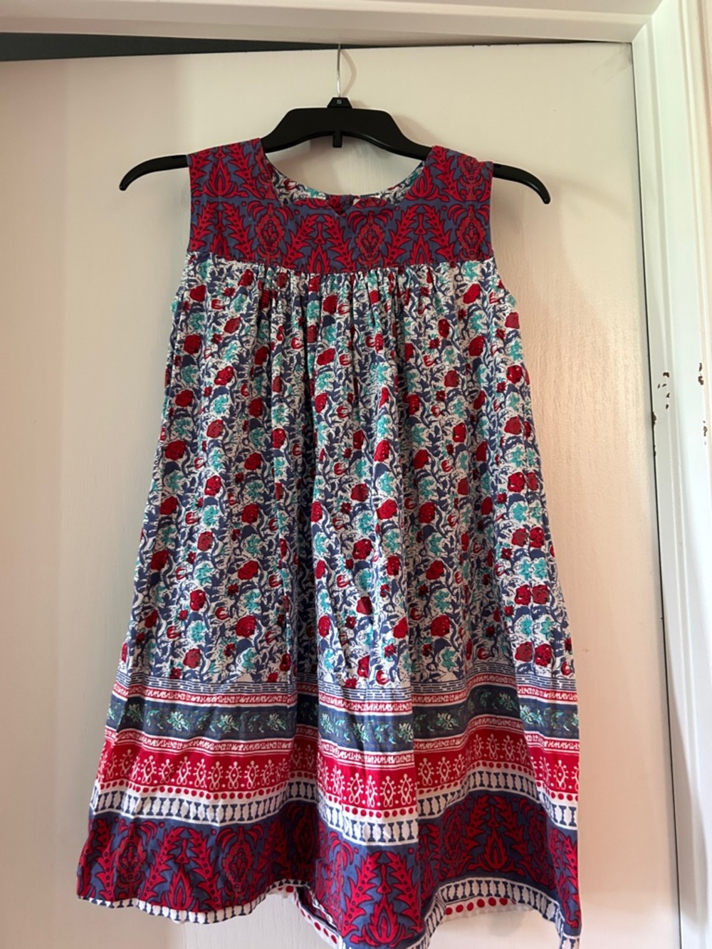 Yo Baby Red and Blue Floral Sleeveless Cotton Dress